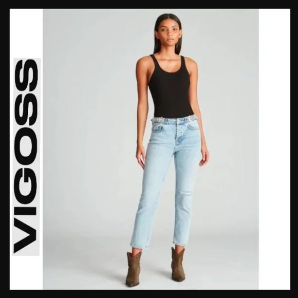 Vigross Denim - Vigross Frankie Slim Straight Leg Buckle Belt Detailed Cropped Jeans, Size 32